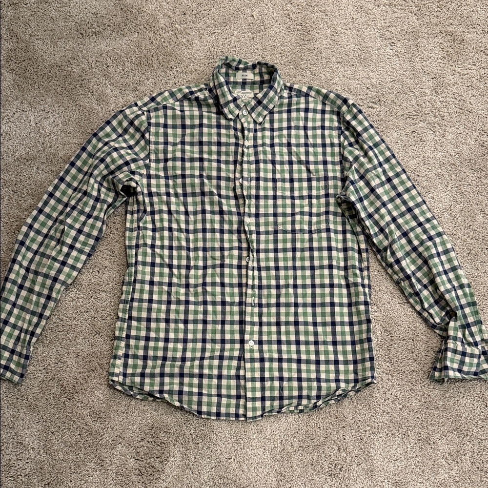 J. Crew Green and Navy Check Button-Down Shirt